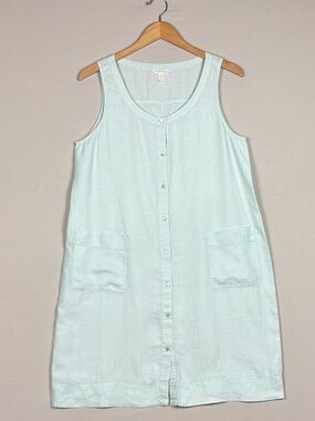 Eileen Fisher Mint Green Organic Linen Button Front Shift Dress M Pockets